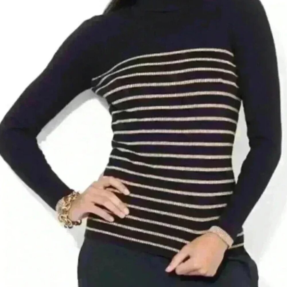 LAUREN RALPH LAUREN Black Gold Striped Turtleneck Sweater SIZE M
